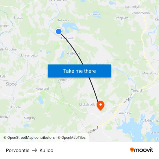 Porvoo Road to Kulloo map