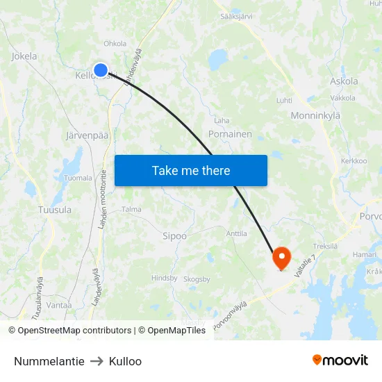 Nummelantie to Kulloo map