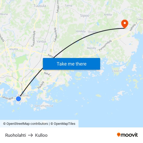 Ruoholahti to Kulloo map