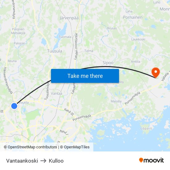 Vantaankoski to Kulloo map