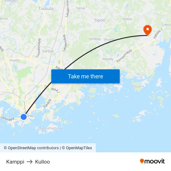 Kamppi to Kulloo map