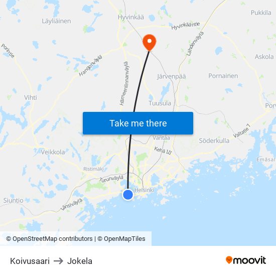 Koivusaari to Jokela map