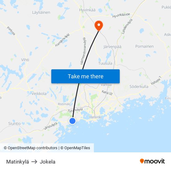 Matinkylä to Jokela map