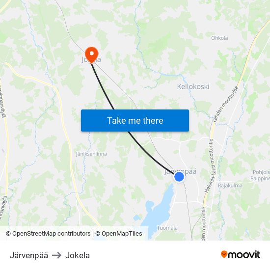 Järvenpää to Jokela map