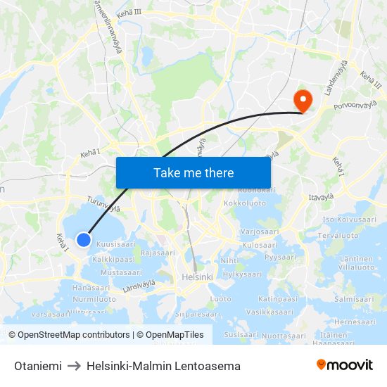 Otaniemi to Helsinki-Malmin Lentoasema map