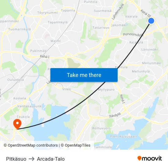 Pitkäsuo to Arcada Building map