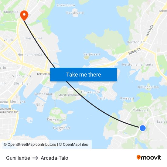 Gunillantie to Arcada-Talo map