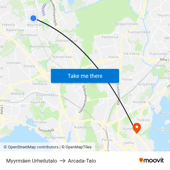 Myyrmäki Sports Center to Arcada Building map