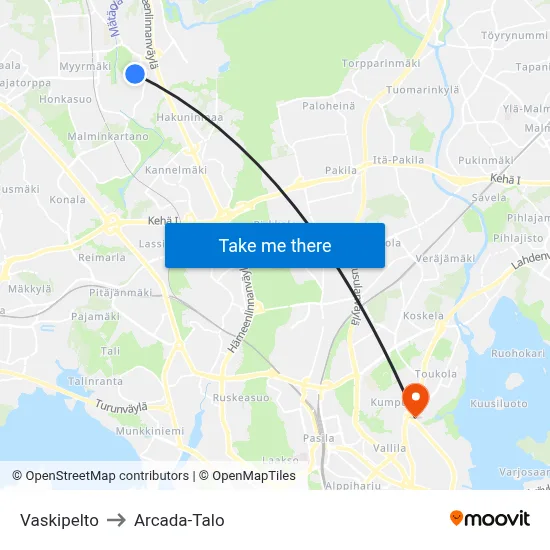 Vaskipelto to Arcada Building map