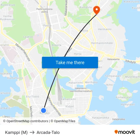 Kamppi (M) to Arcada-Talo map