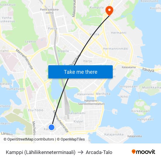 Kamppi (Lähiliikenneterminaali) to Arcada-Talo map