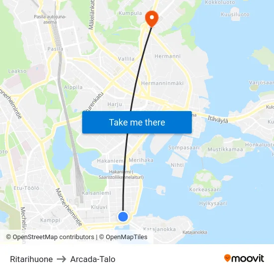 Ritarihuone to Arcada-Talo map