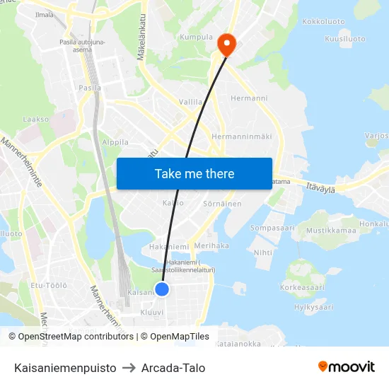 Kaisaniemenpuisto to Arcada-Talo map