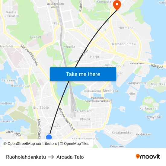 Ruoholahdenkatu to Arcada-Talo map