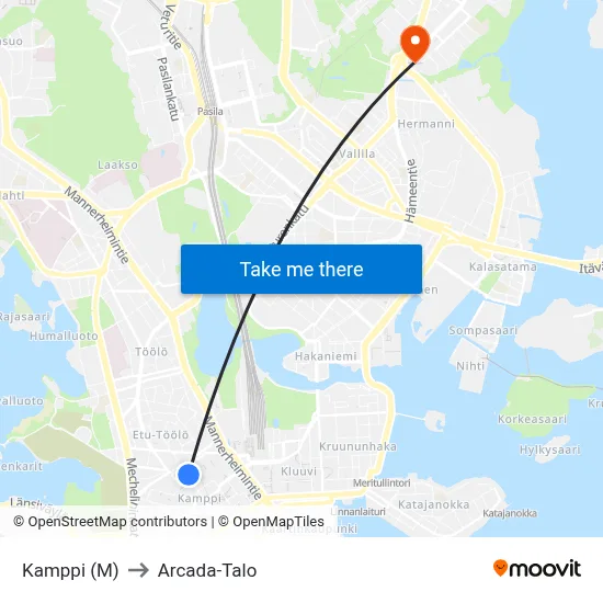 Kamppi (M) to Arcada Building map