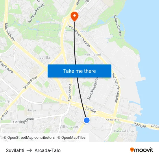 Suvilahti to Arcada-Talo map