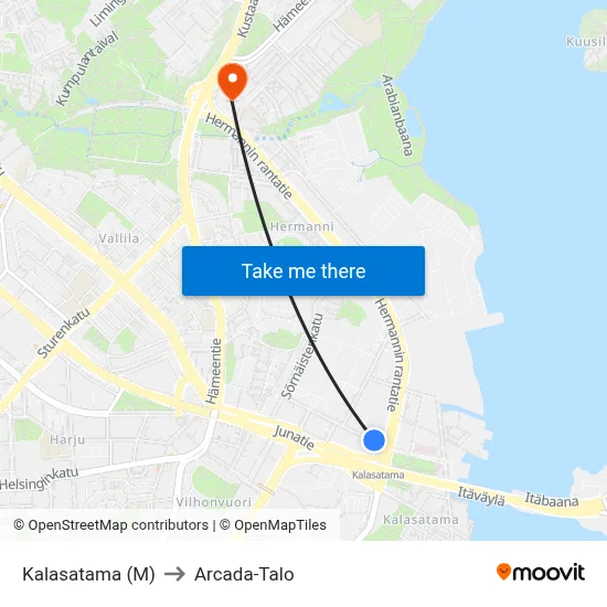 Kalasatama (M) to Arcada Building map