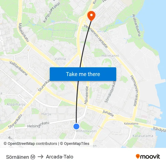Sörnäinen Ⓜ️ to Arcada Building map