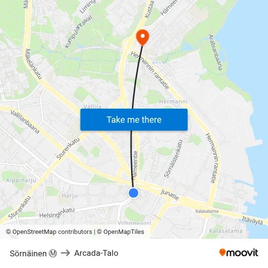 Sörnäinen Ⓜ️ to Arcada Building map