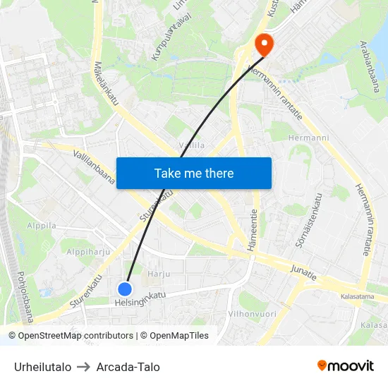 Urheilutalo to Arcada-Talo map