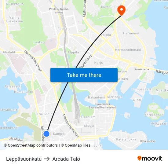 Leppäsuo Street to Arcada Building map