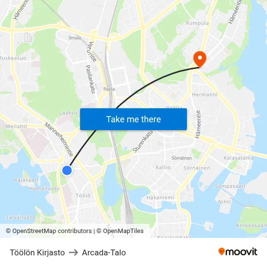 Töölö Library to Arcada Building map