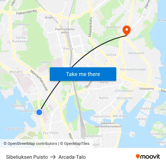 Sibelius Park to Arcada Building map