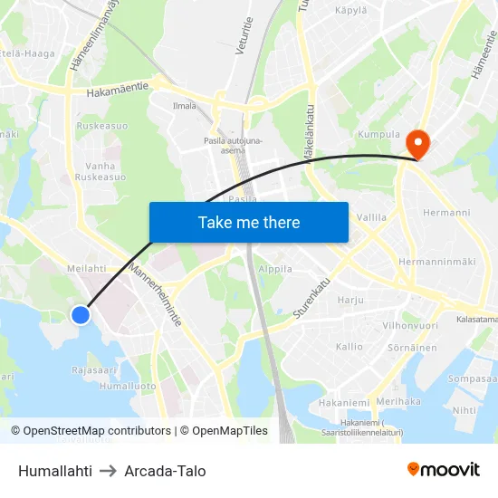 Humallahti to Arcada Building map