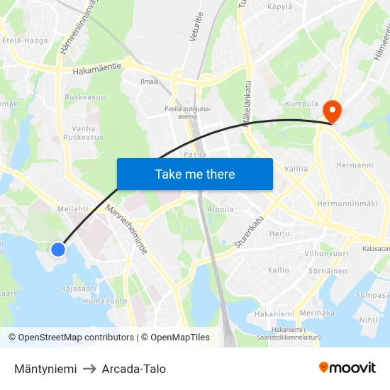 Mäntyniemi to Arcada-Talo map