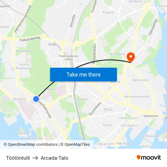 Töölö Toll to Arcada Building map