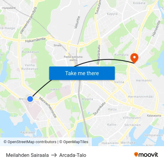 Meilahden Sairaala to Arcada-Talo map