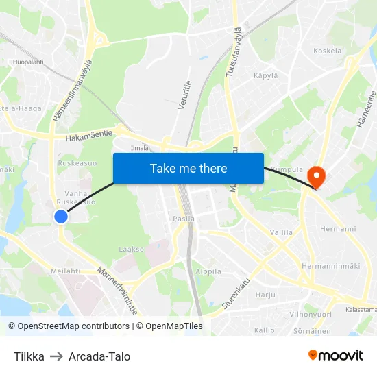 Tilkka to Arcada-Talo map