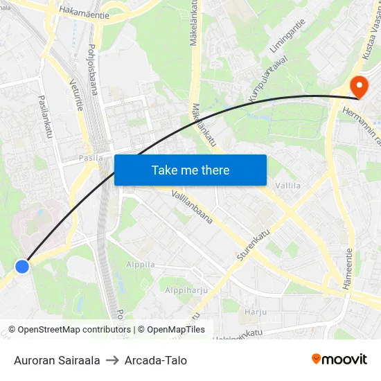 Aurora Hospital to Arcada Building map