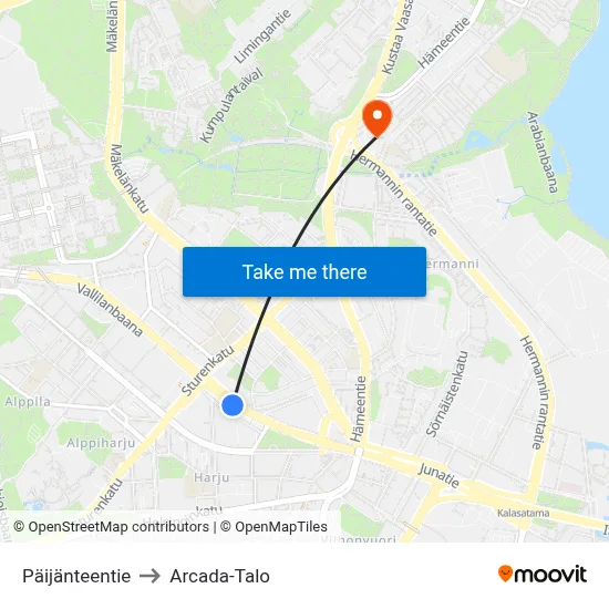 Päijänteentie to Arcada Building map