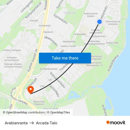 Arabianranta to Arcada Building map