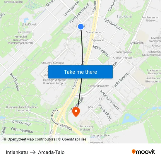 Intiankatu to Arcada-Talo map