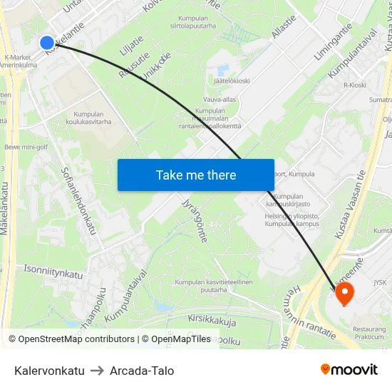 Kalervonkatu Street to Arcada Building map