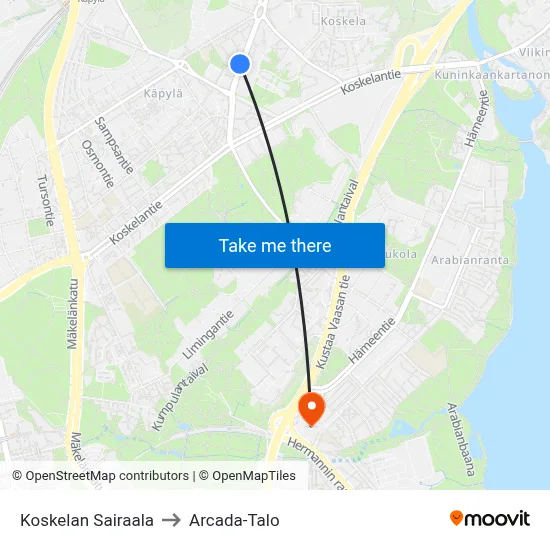 Koskela Hospital to Arcada Building map