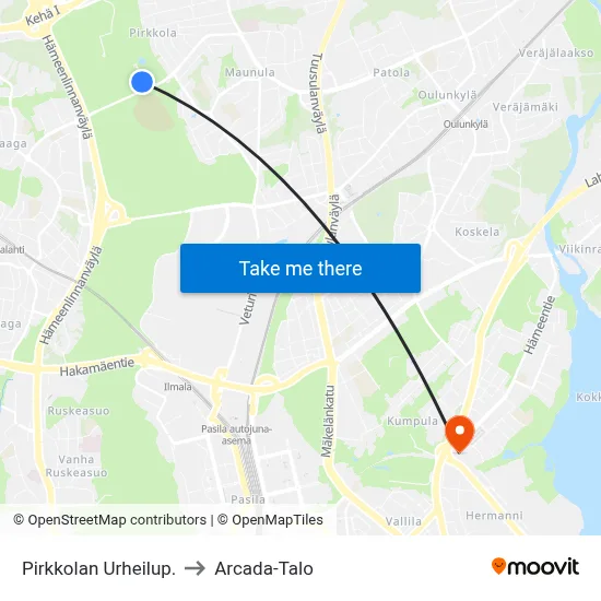 Pirkkola Sports Park to Arcada Building map