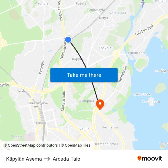 Käpylä Station to Arcada Building map