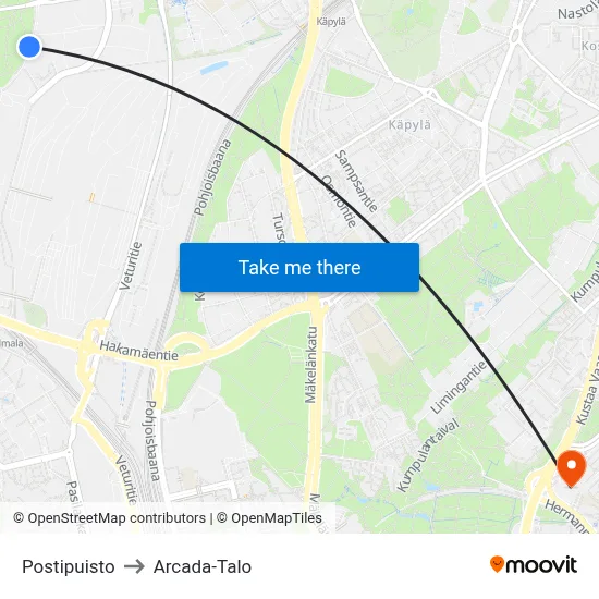 Postal Park to Arcada Building map