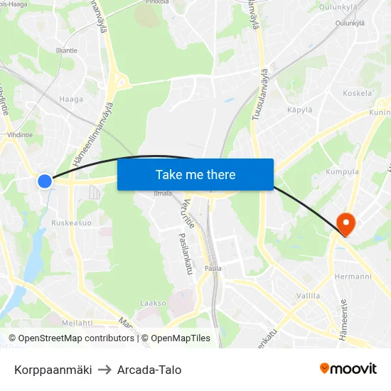 Korppaa Hill to Arcada Building map
