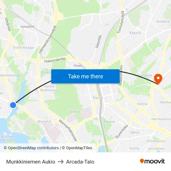 Munkkiniemi Square to Arcada Building map
