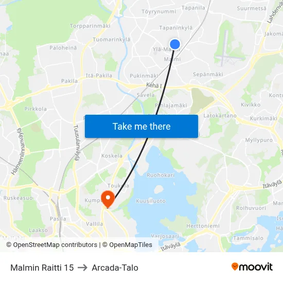 Malmin Raitti 15 to Arcada-Talo map