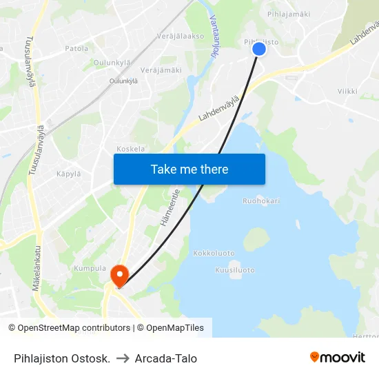 Pihlajiston Ostosk. to Arcada-Talo map