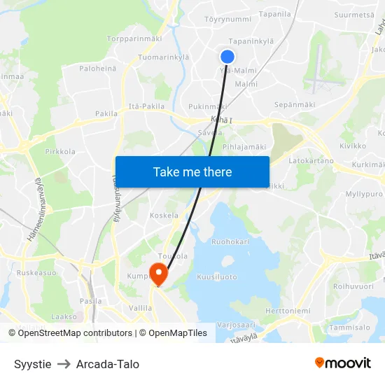 Syystie to Arcada-Talo map