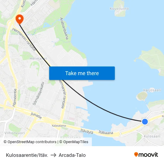 Kulosaarentie/Eastern Hwy to Arcada Building map