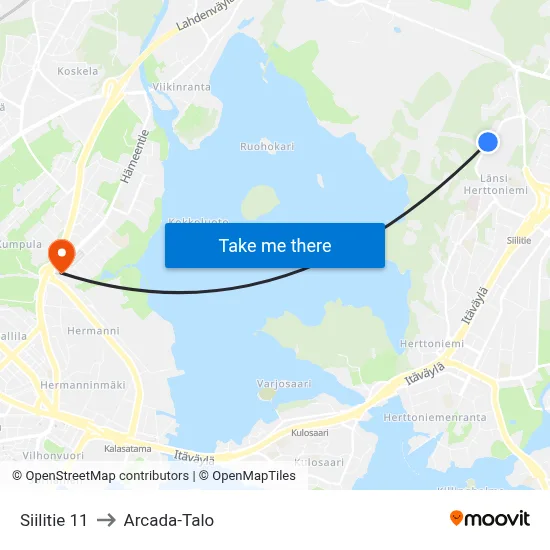 Siilitie 11 to Arcada-Talo map