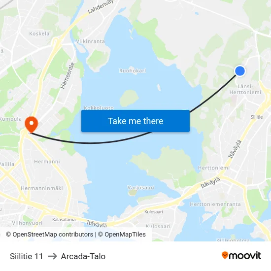 Siilitie 11 to Arcada-Talo map