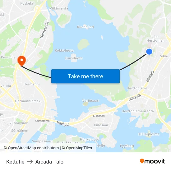 Kettutie to Arcada-Talo map